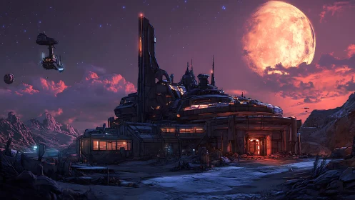 Futuristic desert outpost glows under massive red moon