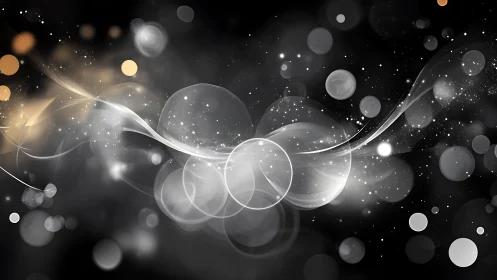 Abstract glowing bubbles and light waves on dark background.