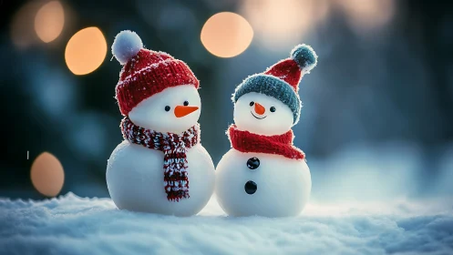 Snowmen in knitted hats under glowing winter bokeh light.
