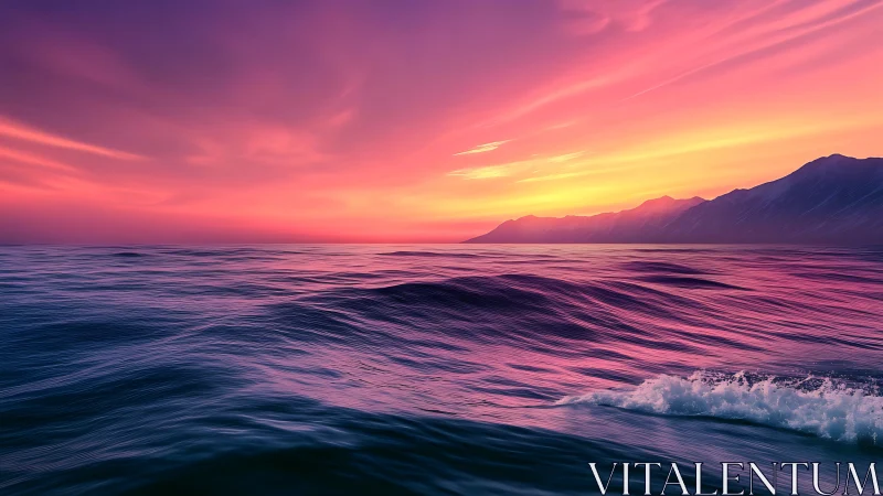 Sunset-illuminated ocean swells before distant coastal mountains