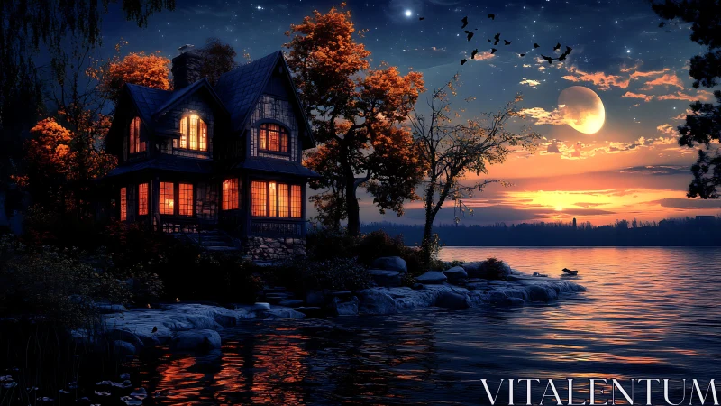 Lakeside house under moonlit sky at vivid autumn sunset.
