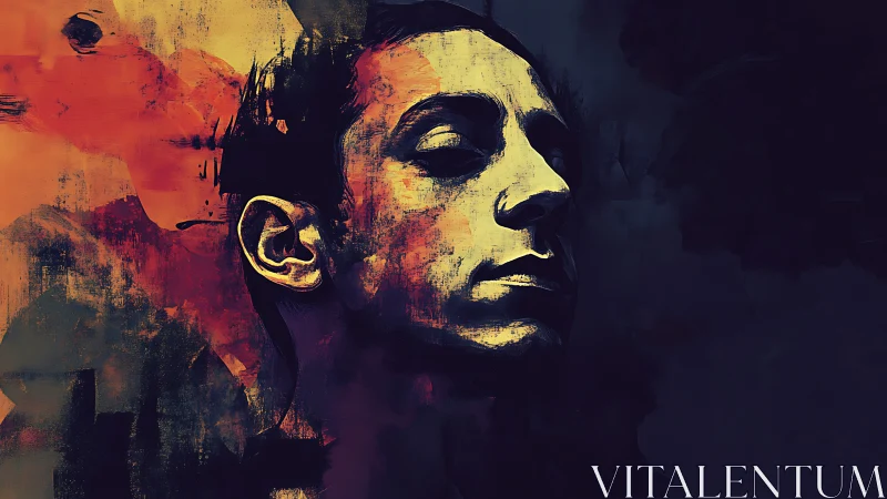 Bold painted portrait glows against deep shadows and ember hues