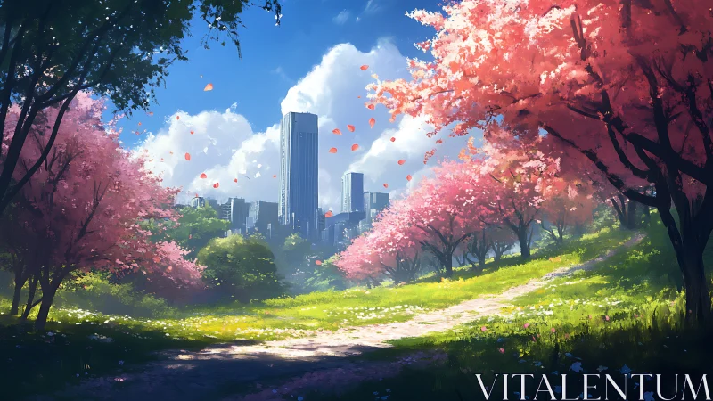 Spring orchard frames high-rise skyline with dynamic depth layering