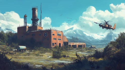 Military helicopter surveys abandoned factory in mountains.