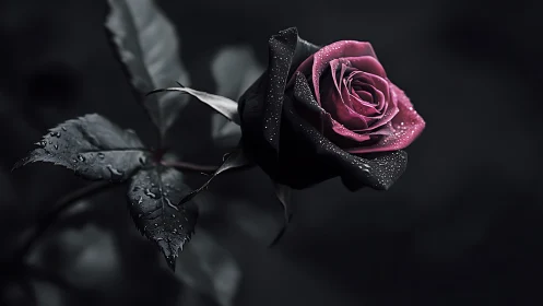 Close-up of dewy bicolor rose against dark background.