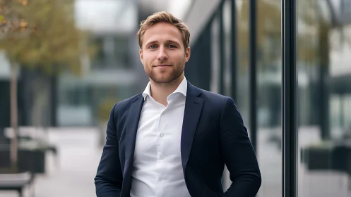 Confident young professional steadies calm amidst city glass glow