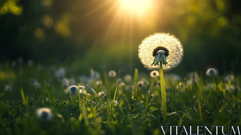 Backlit dandelion seed head in grass under low evening sun.