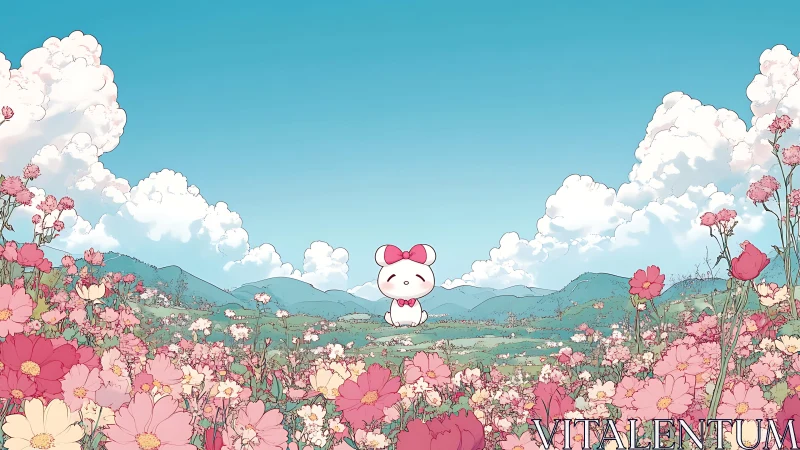 Kawaii white mascot in pastel flower meadow under clear sky.