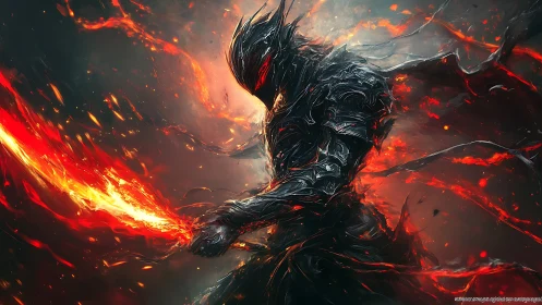 Armored fire warrior holds molten sword amid swirling embers