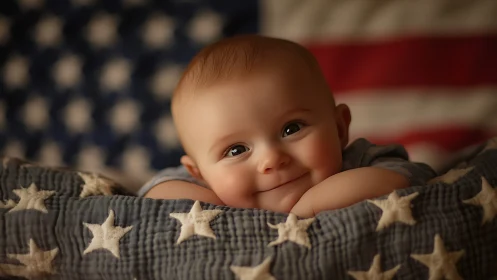 Infant positioned against American flag backdrop with star textile