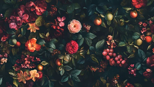 Dark Floral Botanical Composition with Fruits and Berries.