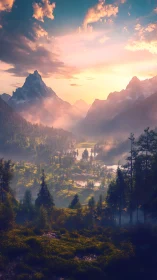 Sunlit mountain valley with forests and reflective water pools.