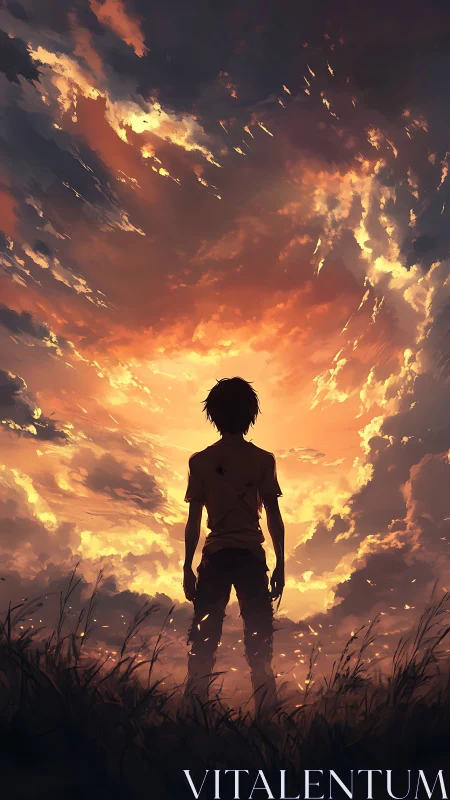 Silhouetted figure stands before dense orange evening sky