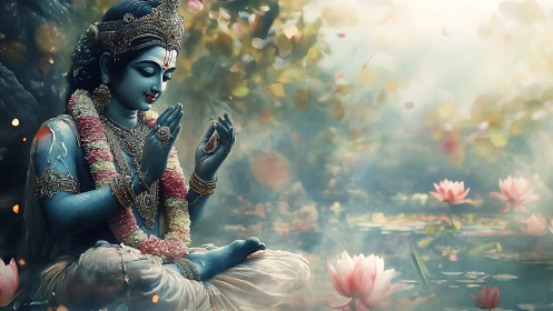 Divine blue deity meditating beside luminous lotus pond.