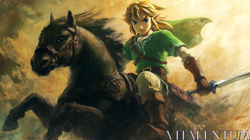 Elf warrior charging astride storm-dark horse in gold haze.