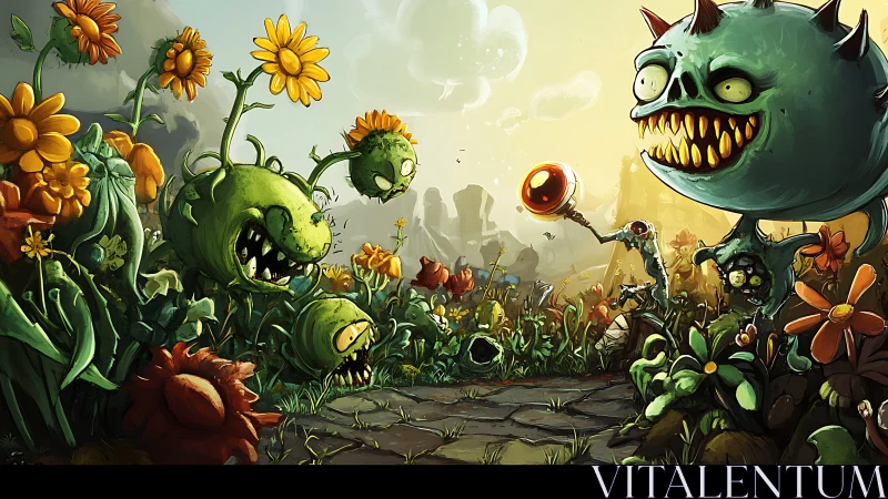 Mutant garden monsters clash under toxic golden sky.