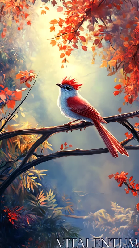 Autumn-crowned songbird resting in a dreamlit forest glow.