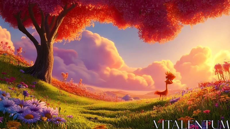 Cartoon bird in stylized sunset meadow landscape scene.