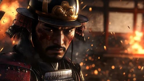 Samurai warrior stares ahead amid flying sparks and fire