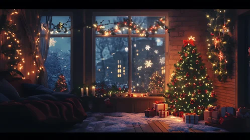 Softly glowing Christmas room welcomes a peaceful winter night