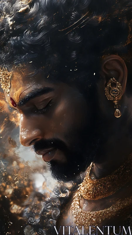 Regal profile of bearded man with ornate golden jewelry.