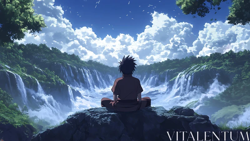 Solitary anime wanderer greeting a kingdom of cascading skies.