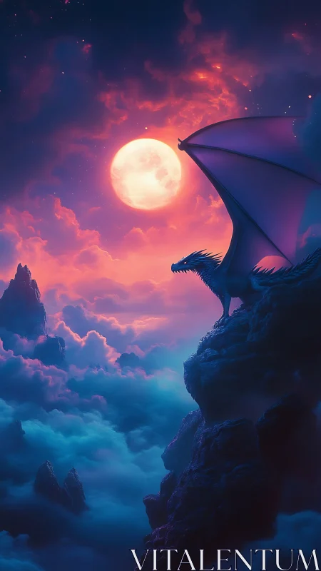 Moonlit dragon surveys glowing clouds from a cliff peak.
