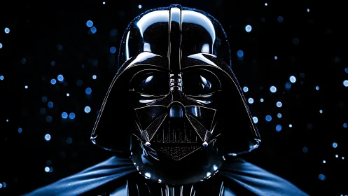 Gleaming black sci‑fi helmet under cinematic blue specks.