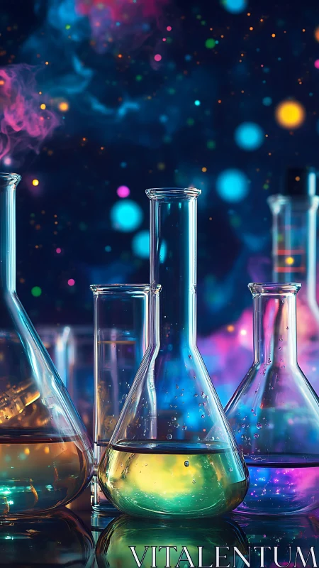 Laboratory glassware with bokeh-lit reactive liquids and colored vapor