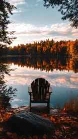 Lone lakeside chair faces calm autumn forest reflection