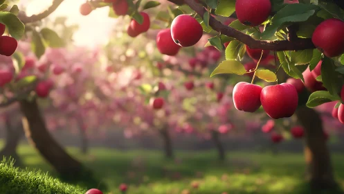 Sunlit apple orchard where ruby fruit glows like lanterns.