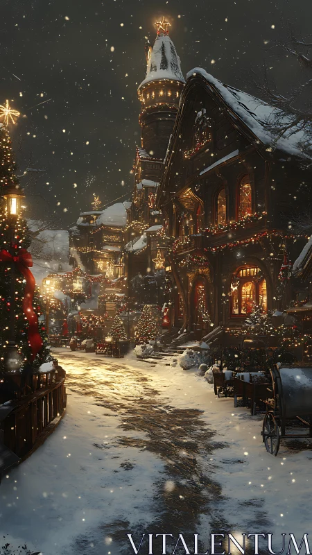 Snowlit village street glows while storybook Christmas stirs