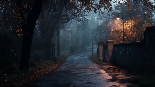 Foggy autumn lane curves past stone wall under lone lamppost