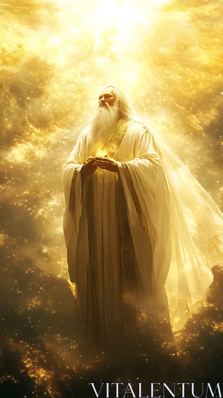 Radiant celestial sage illuminated by intense golden backlight