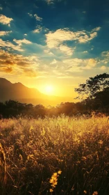 Sunlit grassland with distant tree line and clouded sky.