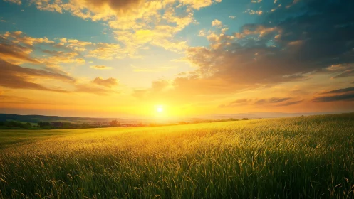 Golden-hour sun radiates across expansive rural grassland