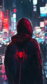 Hooded spider emblem figure stands in neon-soaked rainy cityscape
