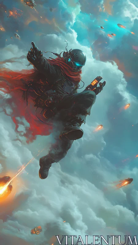 Futuristic sky soldier dives through clouds in battle.