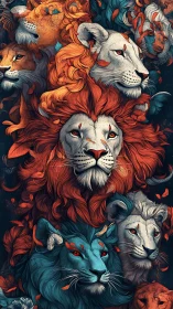 Multifaceted Feline Portraiture: Layered Lion Heads with Chromatic Contrast.