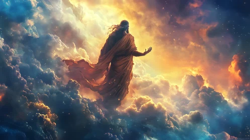 Mystical robed figure walking through glowing sunset clouds.