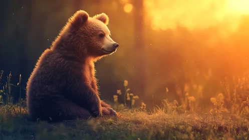 Golden backlit bear cub in serene forest meadow at dusk.