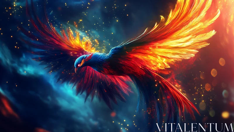 Majestic Phoenix in Fiery Flight, Digital Fantasy Art Style.