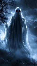 Ghostly figure hovers in moonlit fog within barren forest