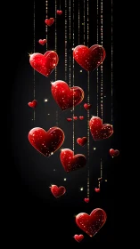 Floating Ruby Hearts Cascade Against Deep Black Background