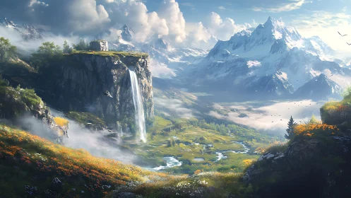 Digital painting of alpine valley waterfall in epic widescreen panorama.