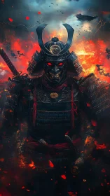 Firelit demon samurai strides from the storm-torn horizon