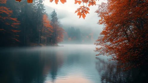 Foggy forest lake with autumn foliage and still water.
