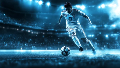 Dynamic soccer striker charges under electric blue stadium lights