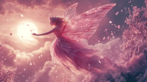 Moonlit blossom fairy gliding through rose-tinted clouds.
