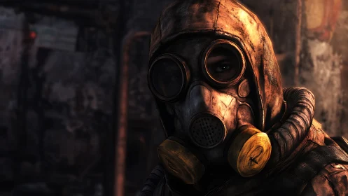 Post-apocalyptic survivor wears corroded gas mask in ruins